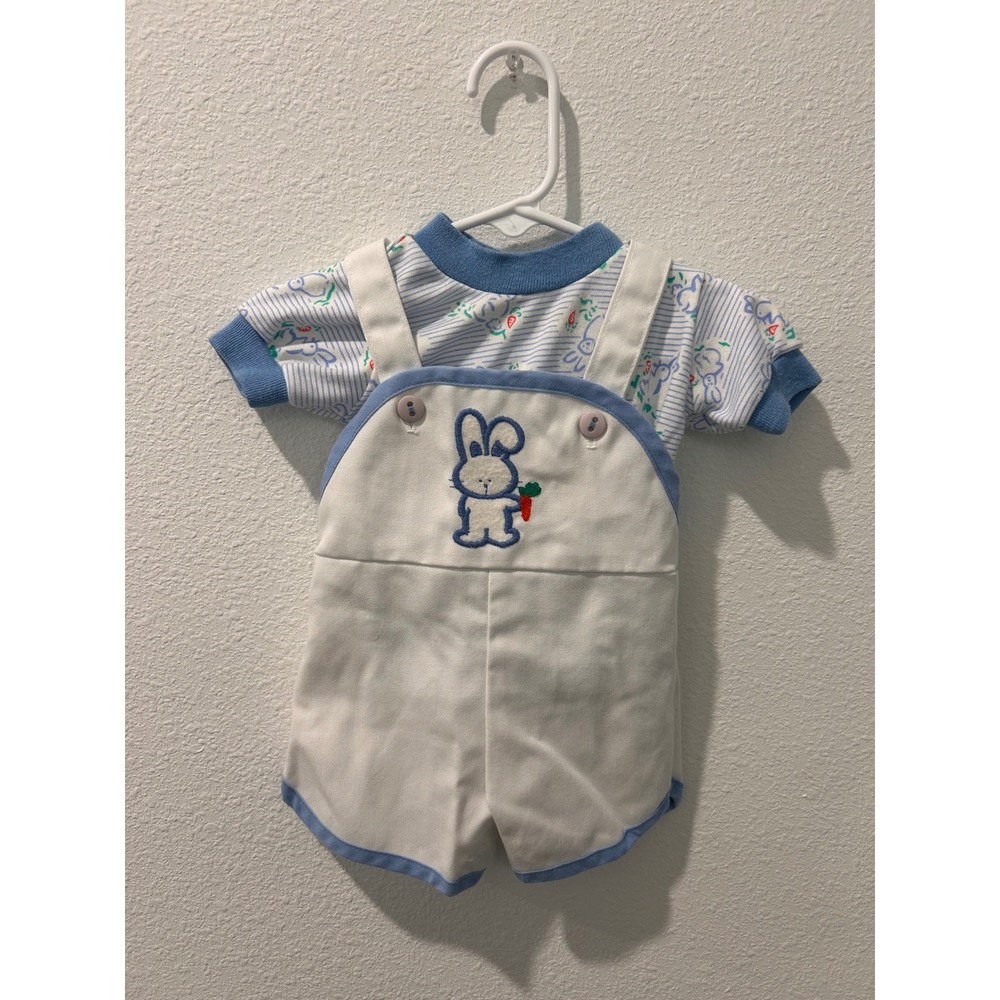 Vintage Health-tex Baby‎ Boys Bunny Overalls and Striped Shirt Set Blue White 6M